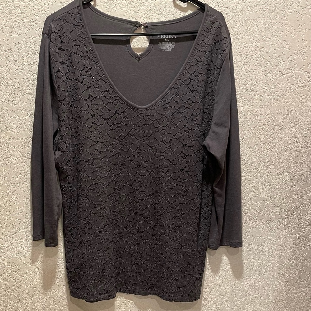 Gray V neck lace pullover blouse with three quarter sleeves. Size XXL